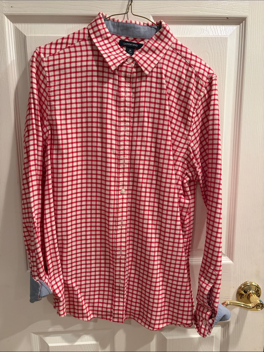 Lands' End Red and White Checked Men's Button-Down Shirt